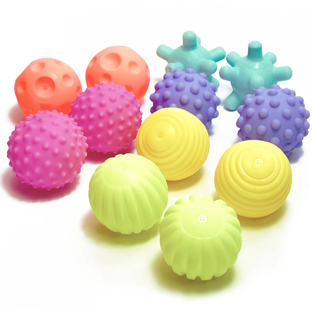 B4BRAIN Sensory Balls Toy Pack of 12 | Colourful Squeaky Ball | Hand Eye Coordination | 0,1,2,3 Year Babies | Montessori Kids | Brain Development STEM | Soft Silicone Balls (Squash, Multicolour)