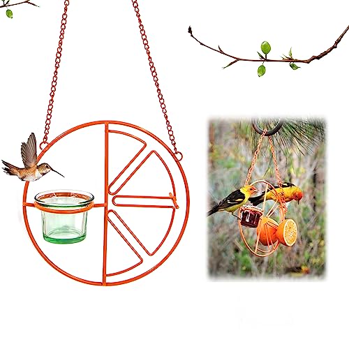 Comedero Pajaros Exterior Colgante Bebederos - 1 Pieza, Circular para Pájaros de Metálico con Bebedero Interior, Campo, Balcón, Jardín, Accesorio Alimentación, Sujeta Fruta, Juguetes (Naranja)