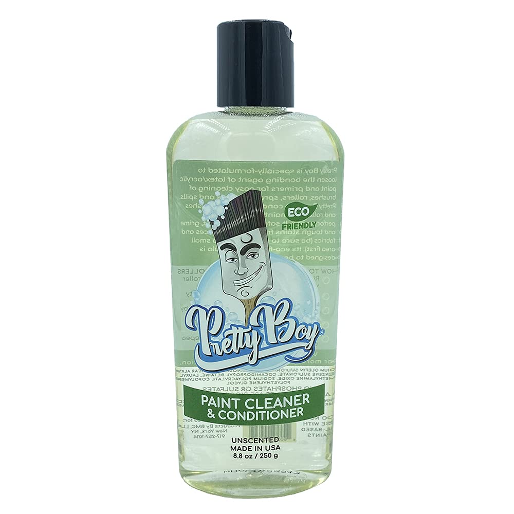 Pretty Boy Paint Cleaner & Conditioner - Eco-Friendly Solution for Cleaning & Conditioning Paint Brushes, Rollers, and Tools - Removes Water-Based Paints, Stains, Primers, and More (8.8 oz Bottle)