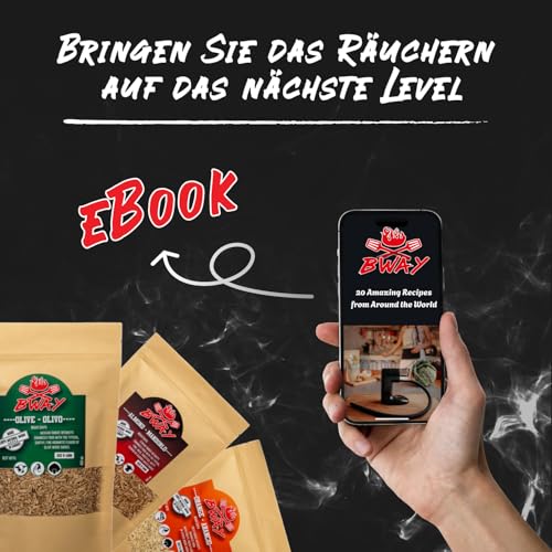 BWAY Räuchermehl Geschmack Olivenholz, Orangenholz, Mandelholz | Räucherspäne für Räucherofen | Räucherspäne GRATIS eBook mit 20 Rezepten (3 × 400 ml)