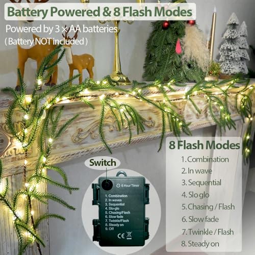 Image of 2025 New Christmas Norfolk Garland Lights 6.56FT Pine Garlands 96 LED 8 Flash Modes Battery Operated Xmas Garland Lights with Timer Lighted Christmas Decorations for Mantle Fireplace Door Home Holiday