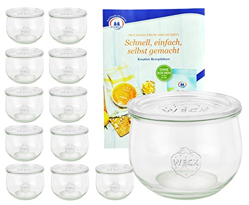 MamboCat 12er Set Weckgläser 580 ml Tulpenform mit Deckel I Original Weck Tulpenglas Dessertglas I Einweckgläser mit Deckel für Obst Gemüse UVM I inkl. Diamant-Zucker Gelierzauber Rezeptheft