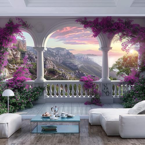 fotomurales decorativos pared 3d Paisaje Flores Gigantes Ventana Montaña Naturaleza Póster papel adhesivos decorativos Mural impresión HD ecológica Sofá Foto artísticos sofá pintura