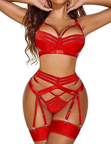 Avidlove Red Lingerie Sexy Set Strappy Lingerie Set with Garter Belt Women Push Up Lingerie Naughty (Red, XL)