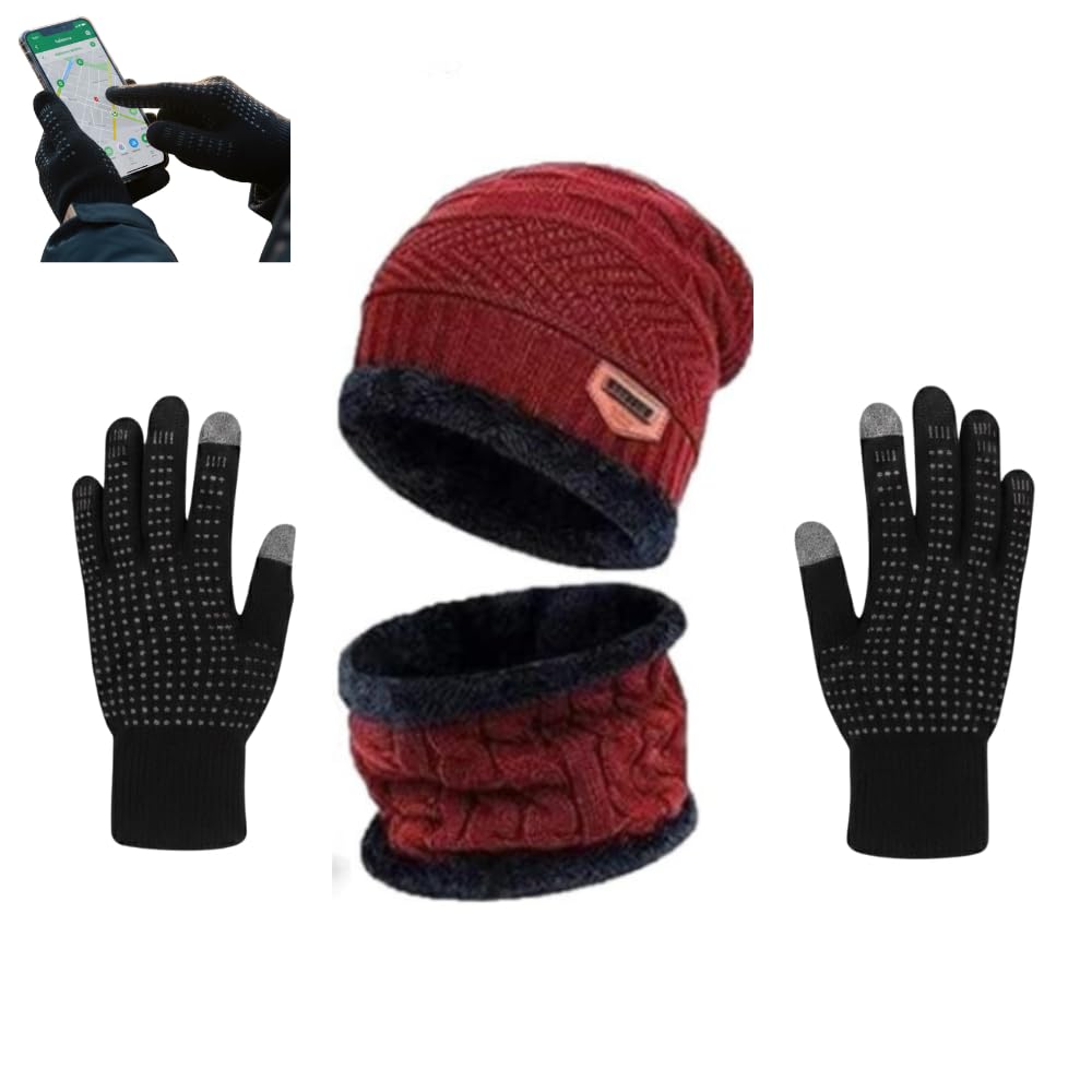 Woollen Winter Cap with Touch Screen Gloves | Warm Knitted Beanie & Full Finger Gloves Set for Men & Women | Soft, Stretchable & Cold Weather Protection-image-42