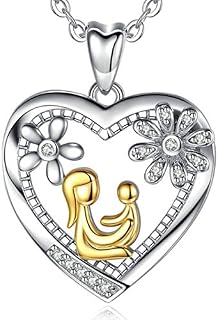 AEONSLOVE Mum Necklace Sterling Silver Mother and Daughter Heart Pendant Necklace Mother's Day Jewellery Gift for Mom Grandmother Aunt, 18in Chain
