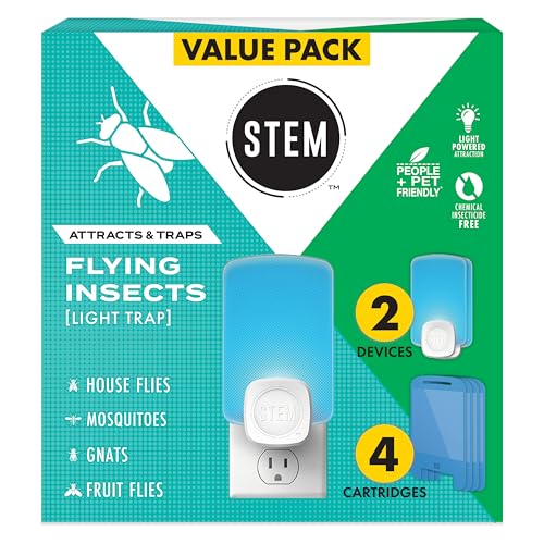 STEM Flying Insect Trap - Indoor Fruit Fly & Gnat Catcher for Home, Kitchen & Any Room, Attracts & Traps Bugs, Soft Blue UV Light - Includes 2 Plug-in Devices & 4 Cartridges