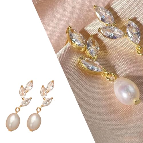 6 Set Dainty Pearl Earrings for Women,Gold Pearl Drop Stud Earrings,Bridesmaid Earring,Freshwater CZ Leaf PearlDangle Drop Earring,Elegant Oval Pearl Studs for Wedding,Jewelry Gifts for Women2