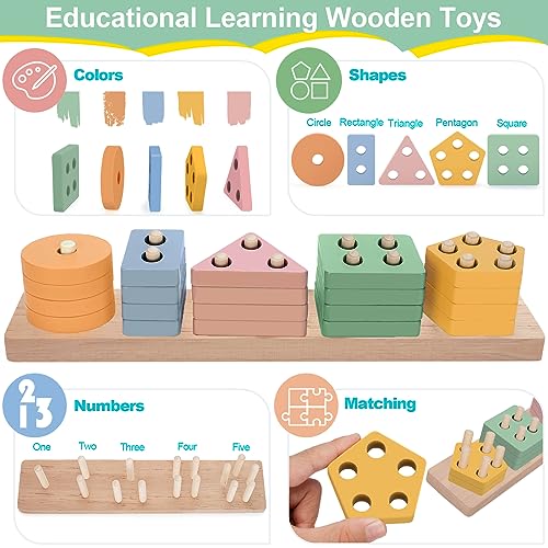 Aigybobo Wooden Shape Sorting & Stacking Toys for Kids and Toddlers, Montessori Learning Toys for 1,2,3 Years Old, Preschool Fine Motor Skill Toy Ideal Gift for Baby Boys Girls 12-18 Months - Thumbnail 4
