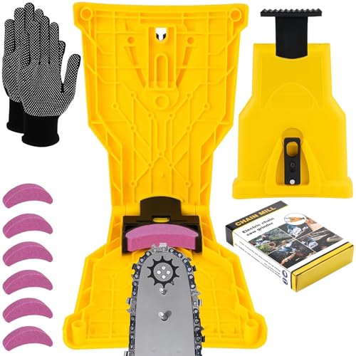 Affuteuse de Chaine Tronconneuse, Universel Affuteur Chaine Tronçonneuse, Aiguiseur Chaine Tronconneuse avec 6 Pierres à Aiguiser et 1 Paire de Gants, Rapide Aiguiseur Chaîne Outil pour Bûcherons