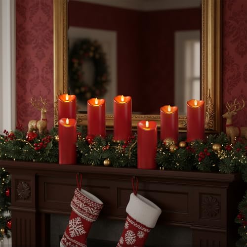 Image of Homemory Burgundy Flameless Candles, Waterproof Flickering Candles, Outdoor Battery Operated LED Pillar Candles with Remote Timer, Electric Fake Plastic Candles, Red, Christmas Decor, 3 inch x 8 inch8 inch