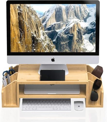 Image of VBM Monitor Riser Stand Bamboo Computer Laptop, Printer, PC with Storage Slot Adjustable Desktop Stand For Home , Office (wooden monitor stand)