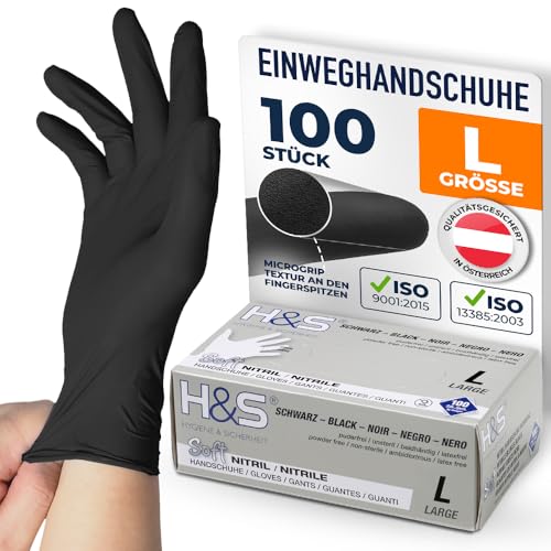 ISC Hygiene & Safety Nitrilhandschuhe L, Einweghandschuhe, Einmalhandschuhe, Kochhandschuhe Lebensmittel - puderfrei non latex latexfrei - Gummihandschuhe Einweg - Large schwarz