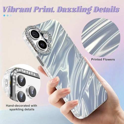 Image of Elzzi Compatible with iPhone 16 Case | Marble Glossy Hard PC Back Cover with Diamond Camera Protector | Ultra Stylish Shockproof Back Cover Case for Girls Women-Sky