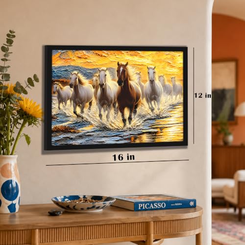 Image of PAINTINGMANTRA 9 Running Horses Vastu Framed Wall Art Painting For Living Room| Strength & Forward Energy Nine Horse Poster with frame for Wall, Decoration item for bedroom, 13x17.5 Inch