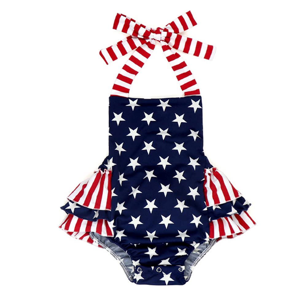 XFGLCK Baby Girls 4th of July Outfits Stars Stripe Print Halter Strap Romper Ruffled Bodysuit One-Piece USA Flag Summer Set
