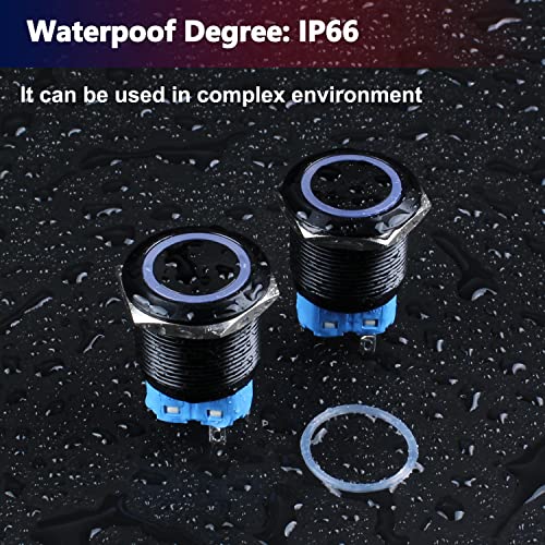 Image of 2PCS 22mm Metal Latching Push Button Switch Waterproof Anti-Vandal Black Shell with Pre-Wired Socket for 7 /8 inch Mounting Hole 12V-24V ON Off 1NO 1NC Halo Ring Red LED