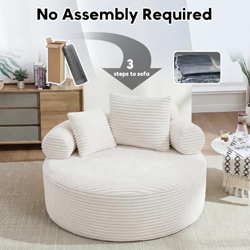 Image of Oversized Round Chair Lounge Chaise Indoor, 55.5 inch Upholstered Corduroy Deep Seat Single Cloud Sofa Chair, Fluffy Modern Large Circle Boneless Sleeper Sofa for Living Room, Bedroom, Beige White