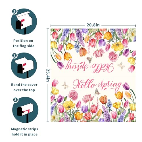 Image of Hello Spring Welcome Flowers Mailbox Covers Magnetic Spring Summer Tulip Outdoor Mailbox Cover Standard 21 inch X 25.5 inch Pink Floral Holiday Mailbox Wrap Post Letter Box Cover Decor for Home Garden Yard