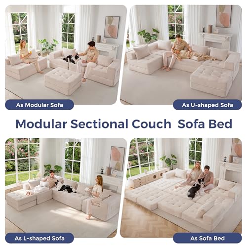 Image of MAXYOYO Modular Sectional Sofa Couch, Foldable U Shaped Cloud Couch with Pillows, Tufted 6-Seat Boneless Lounger Sofa for Living Room, No Assembly Required, Beige
