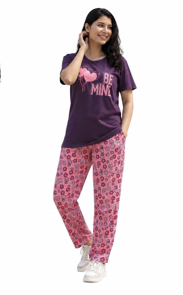 NaikaTrendz Women's Pyjama Set, Purple Graphic Tee Pink Pants, co-ord set-image-1