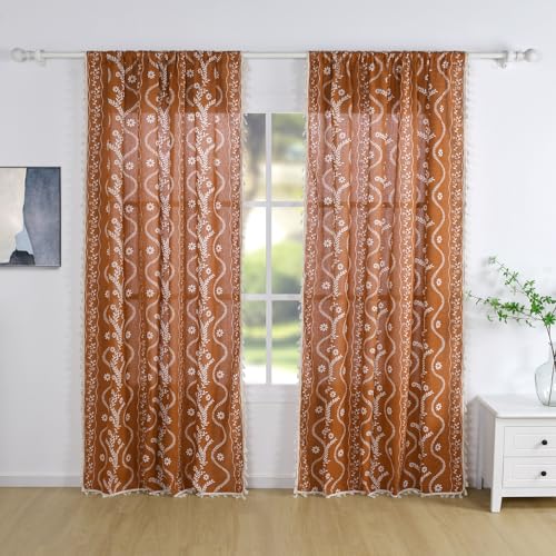 Image of Schweek Burnt Orange 90 Inch Long Tassel Curtains 2 Panels for Living Room