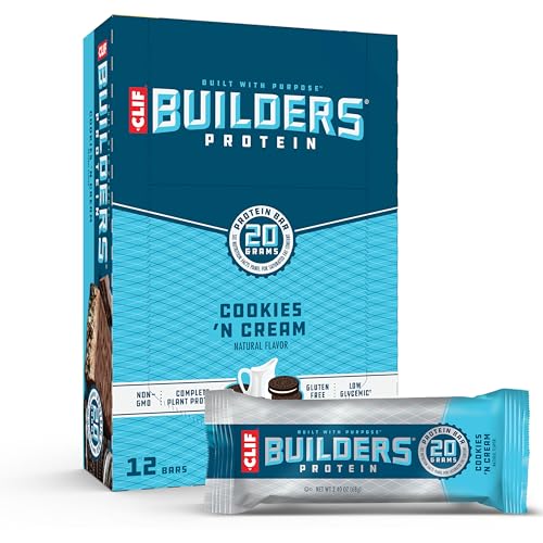 CLIF Builders – Cookies ‘n Cream Flavor – Plant Based Protein Bars – Gluten Free – Non-GMO – Low Glycemic – 20g Protein – 2.4 oz. (12 Count)