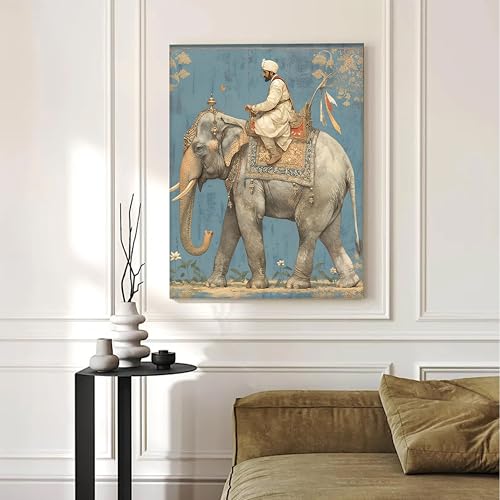 Image of PAINTINGMANTRA Digital Indian Art Man Riding Elephant Wall Decor Print Multicolor | Canvas Painting Stretched on Wood | Suits For Living Room, Bedroom, Hallways (12x16 Inch)
