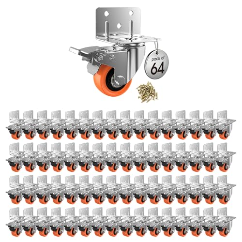 Image of 2inch L-Shaped Caster Wheels, Side Mount Casters Set of 64, Heavy Duty Casters with Brake, Double Bearing Locking Polyurethane(PU) Wheels for Baby Beds /Cabinets /Furniture（64 Pack