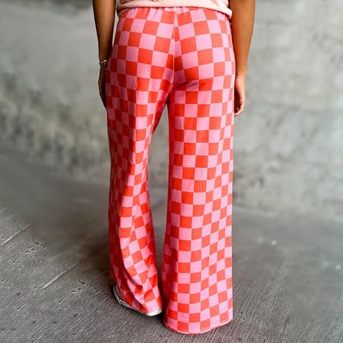 Women Y2K Plaid Wide Leg Pants Casual Elastic Waist Checkered Pants Streetwear Loose Lounge Trousers with Pockets2