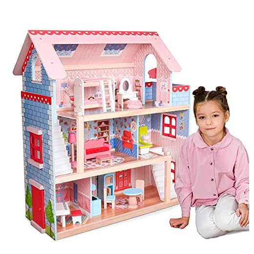 Infantastic® XXL Maison de Poupée - 60,5x71x32,5cm, 3 Étages, en Bois, Lumières LED, Accessoires Inclus - Jouet Enfant, Cadeau Enfant