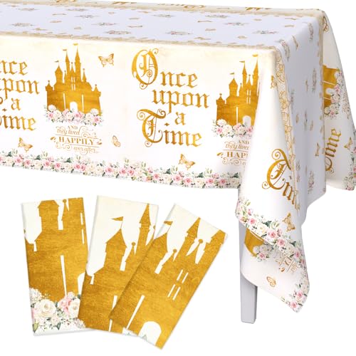 AIBIIN 3pcs Once Upon a Time Party Tablecloth for Girls, Pink Floral Gold Castle Princess Fairytale First Birthday Table Cover Birthday Party Decorations Supplies 54X108inch