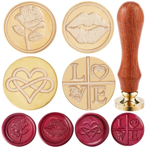 CRASPIRE 4 Styles Love Heart Wax Seal Stamp Head Rose 25mm Removable Brass Head Set including 1Pcs Wooden Sealing Stamp Handle for Wedding Valentine's Day Envelopes Invitations Gift Packing Wrap Decoration