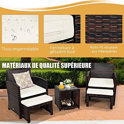 GIANTEX Salon de Jardin 2-4 Personnes en Résine, 2 Fauteuiles, 2 Repose-Pieds, Coussins, Table Basse Plateau en Verre Trempé avec Rangement, Mobilier de Jardin pour Cour, Terrasse, Blanc – Image 6