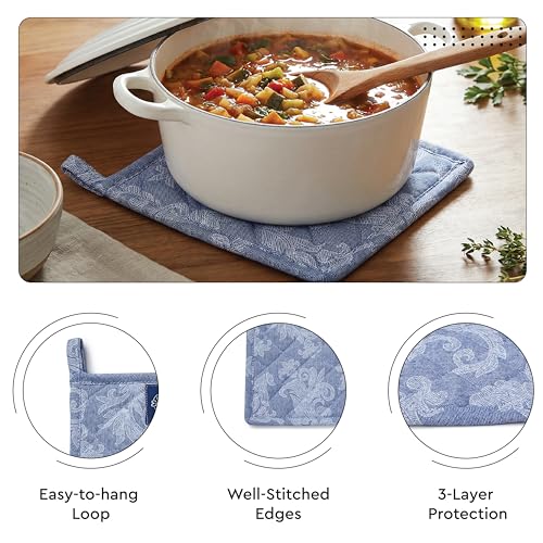 Image of Encasa XO Heat Resistant 100% Cotton Oven Glove & Potholder Set with Loop, Kitchen Cooking Mittens, Microwave Safe Hot Pads (Floral Blue)