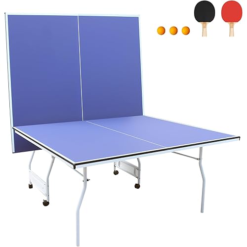 Ping Pong Table Foldable Table Tennis Table with Net, Table Tennis Paddles and Balls, 4.5FT/6FT/9FT MDF Multi-Use Family Game Table for Kid Teenager Adult, Compact & Portable
