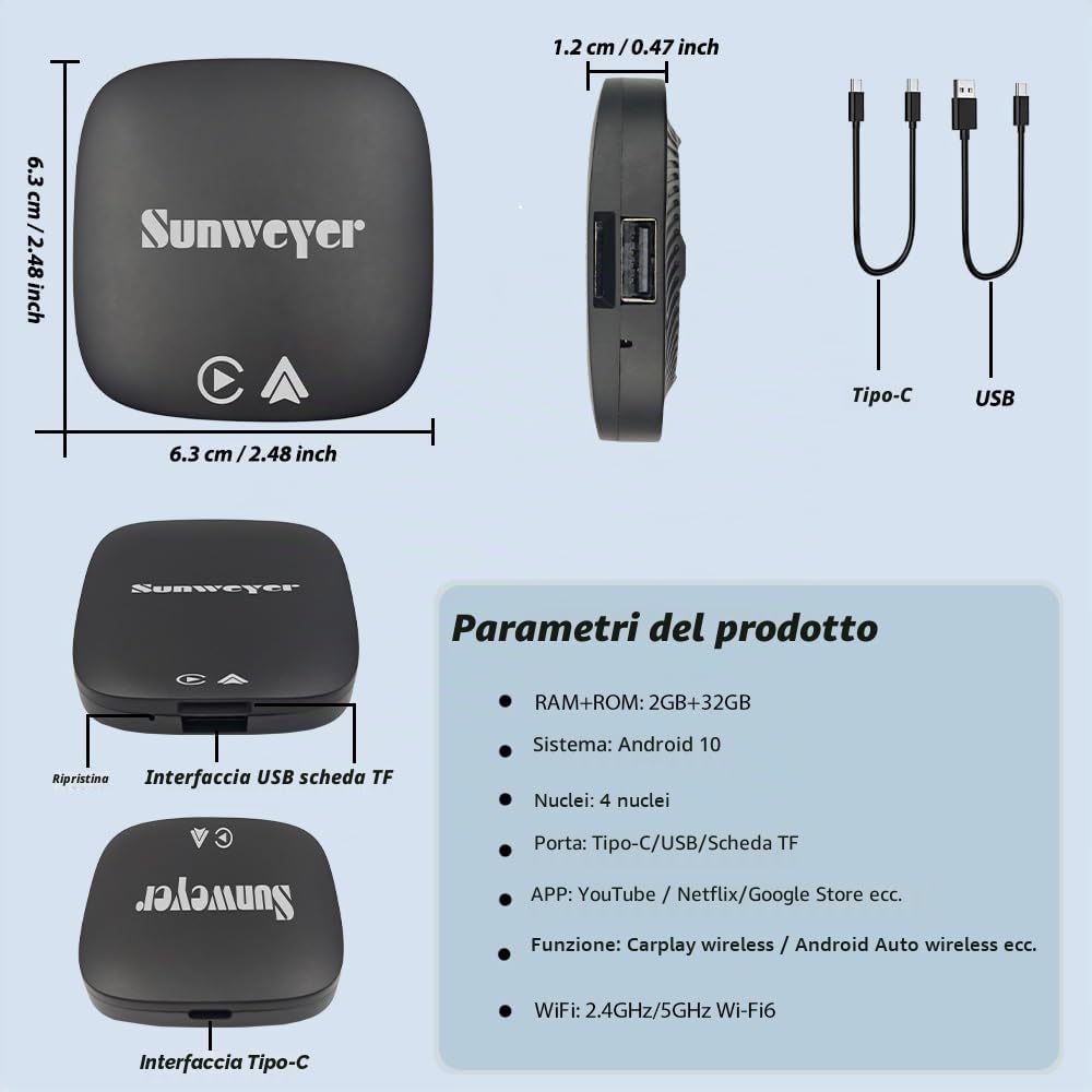Sunweyer Adattatore Wireless CarPlay Android Auto 2+32GB con Play Store & Netflix/YouTube - Supporto TF/USB, Installazione App (Solo per auto con CarPlay Cablato o Android Auto Cablato) (SW05)