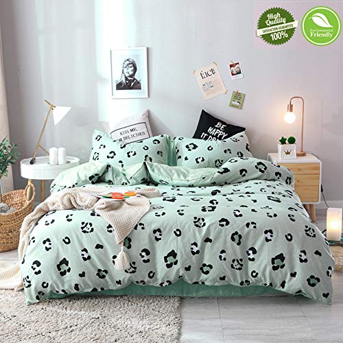 Chickwin Juego de Ropa de Cama 4 Piezas, Cama Matrimonial Algodón Lavado Dormitorio Inicio, Funda de edredón*1pcs, Funda de Almohada*2pcs,Sábana*1pcs, Leopardo (150 * 200cm,Verde)