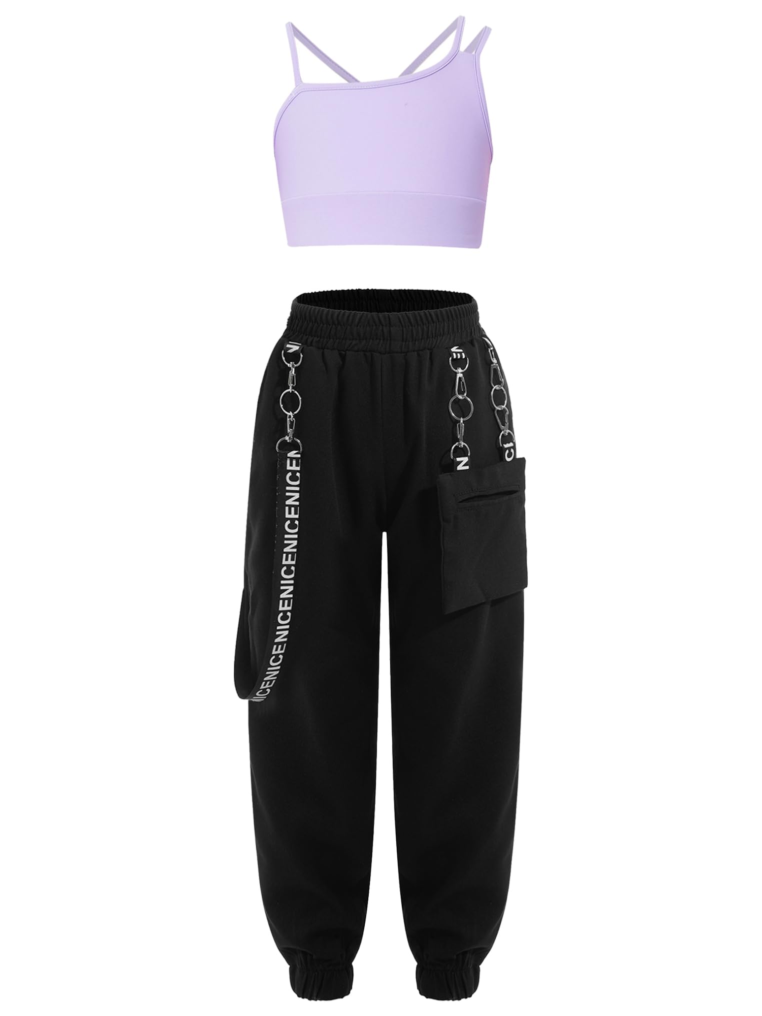 Yeahdor Kids Girls 2PCS Dancing Clothing Sets Spaghetti Strap Tank Crop Top with Sportpants Outfit Jazz Hip Hop Costume Lavender 12 Years