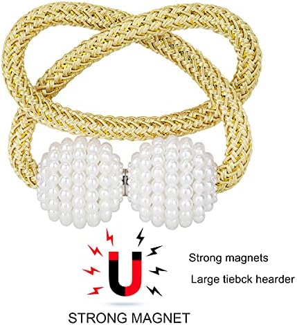 Pinowu Magnetic Curtain Tiebacks for Window Décor (2 Pack) - Weave Rope Clips Drapery Pearl Holdbacks for Home Kitchen Office Window Sheer Blackout (Gold)