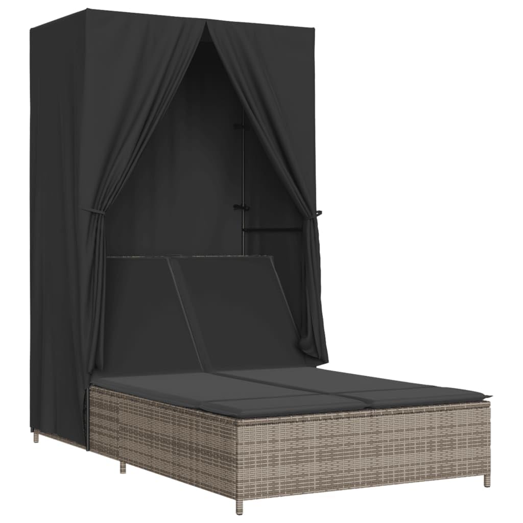 Doppio lettino prendisole con tettuccio in rattan, isola solare, grigio, 104 x 197 cm | Comoda isola prendisole per 2 persone per terrazza e giardino, con schienale regolabile e federe lavabili