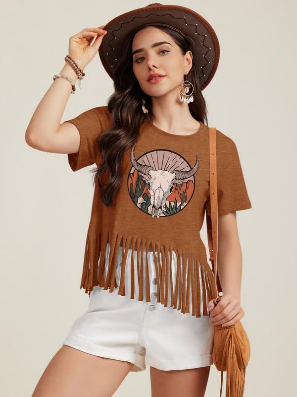 Women Graphic Tees Western Shirts Vintage Cowgirl Fringe Shirt Country Concert Tops Short Sleeve - Image 3