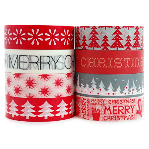 Crafty Rabbit Christmas Washi Tape - Set of 8 Rolls - 262 Feet Total - Red, Grey, White