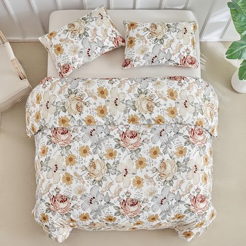 Image of Lekesky Queen Duvet Cover Set, Reversible Vintage Flowers Print Comforter Cover Queen Size 3pc, Soft 100% Washed Microfiber Breathable Bedding Sets with Zipper Ties and 2 Pillowcases