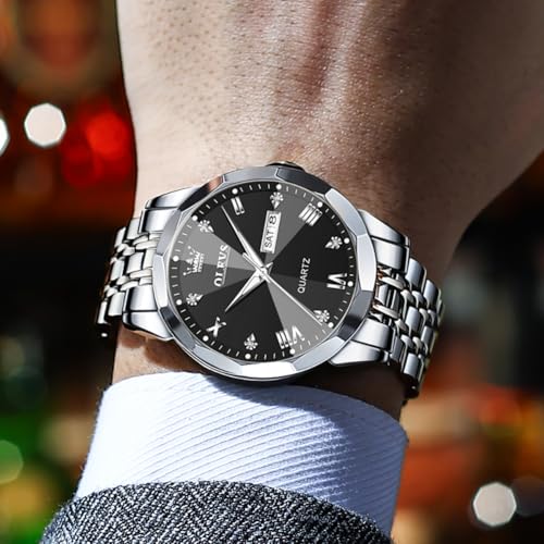 Image of OLEVS Watch for Men Diamond Business Dress Analog Quartz Stainless Steel Waterproof Luminous Date Two Tone Luxury Casual Wrist Watch Blue