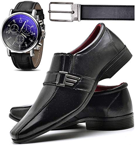 Kit Sapato Social Com Relógio e Cinto Masculino ZARU 809DB Tamanho:38;cor:Preto;gênero:Masculino