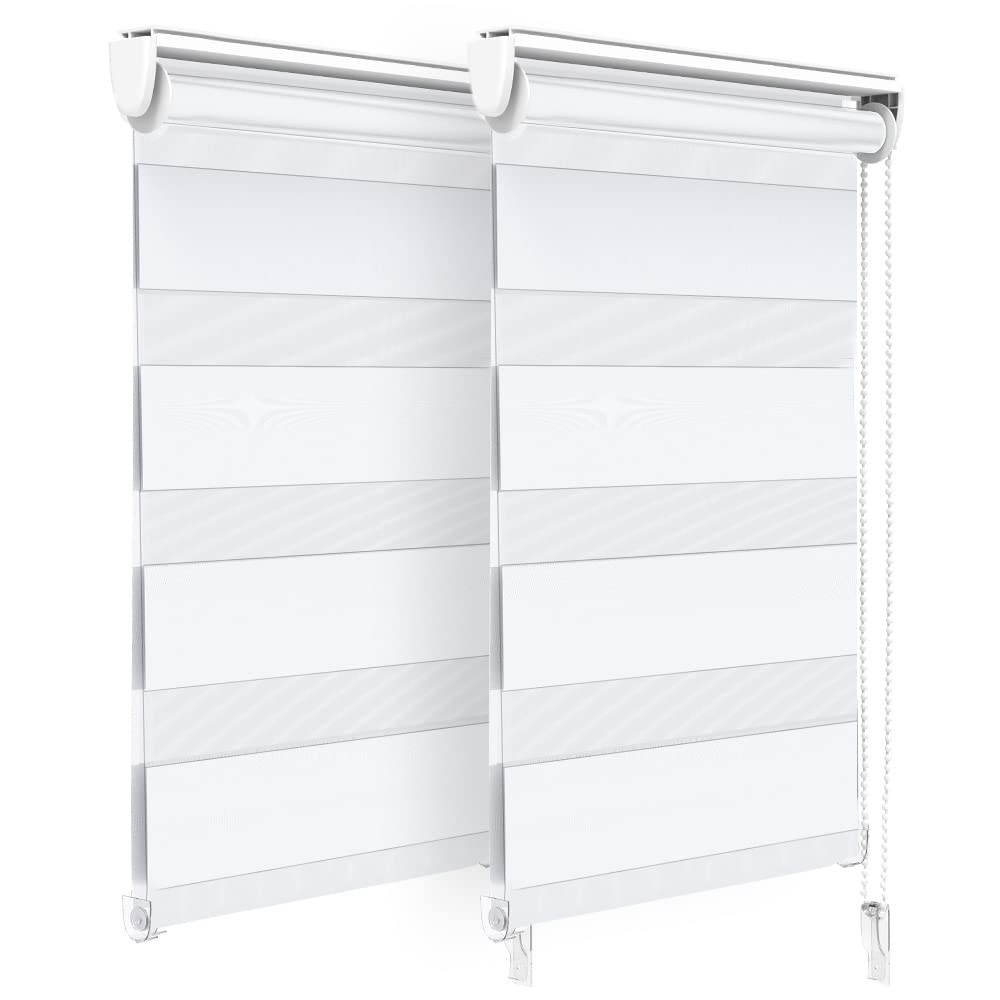 VOUNOT® Set di 2 Tenda a Rullo Doppia Strato Oscurante Giorno e Notte, Catenella Laterale, Bande Trasparenti e Opache, Tenda Interno Zebra Blinds Bianco, 45 x 150 cm