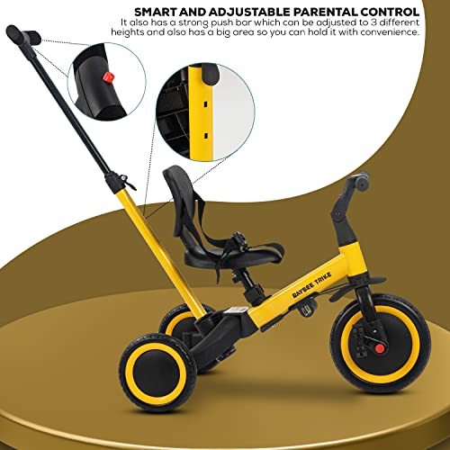 Image of Baybee Spectra 5 in 1 Baby Tricycle for Kids, Smart Balance Bike Kids Cycle with Parental Push Handle, Eva Wheels & Safety Belt | Baby Cycle for Kid 1-3 Years Boy Girl (Yellow)