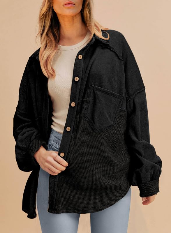 SHEWIN Women's Waffle Knit Button Down Shirts Casual Long Sleeve Shacket Jacket Boyfriend Tops Blouses Loose Fit - Image 3