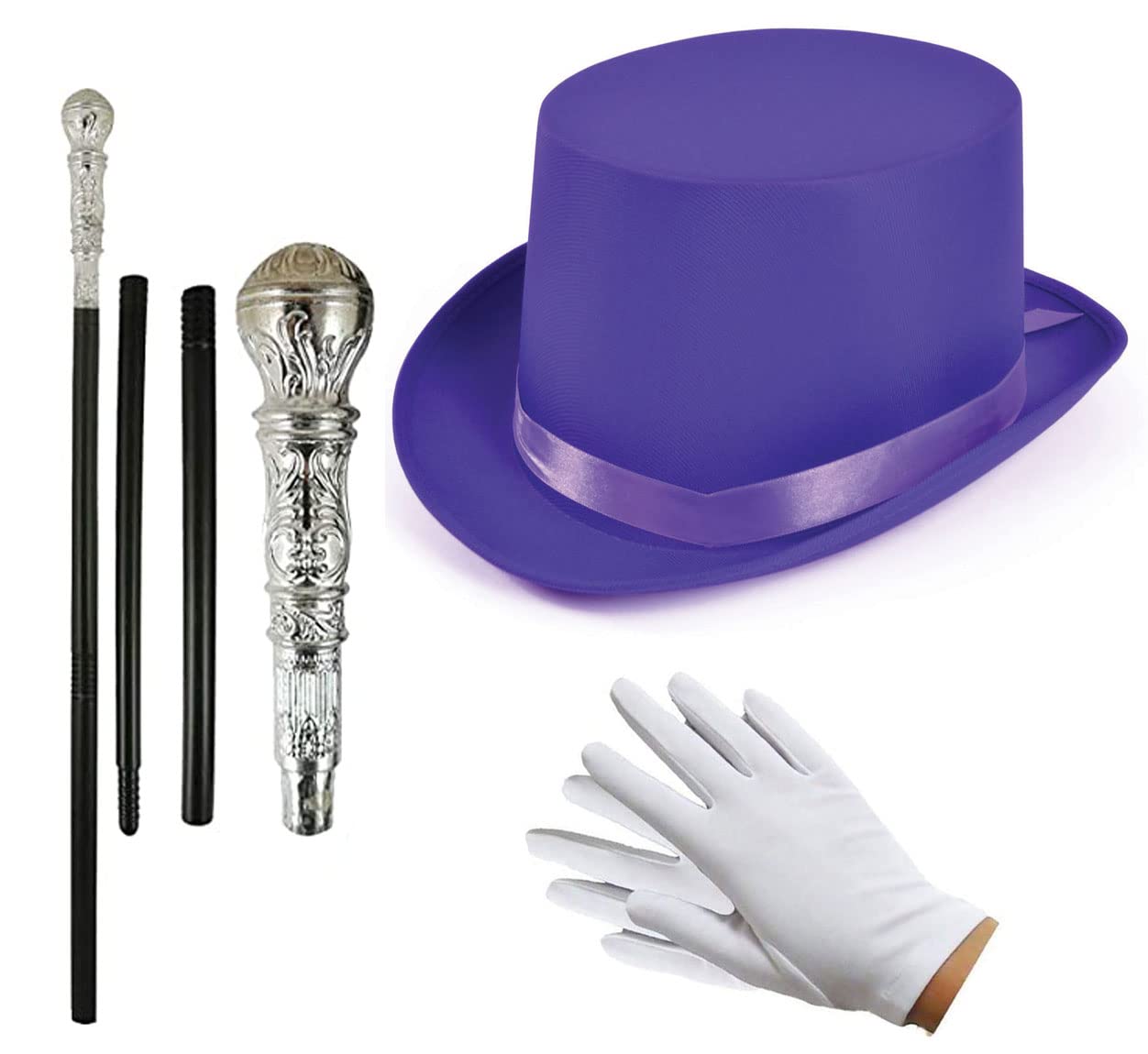 labreeze Purple Satin Top Hat Silver Cane Short Gloves Willy Wonka Chocolate Factory Style Fancy Dress Kit Toys & Games